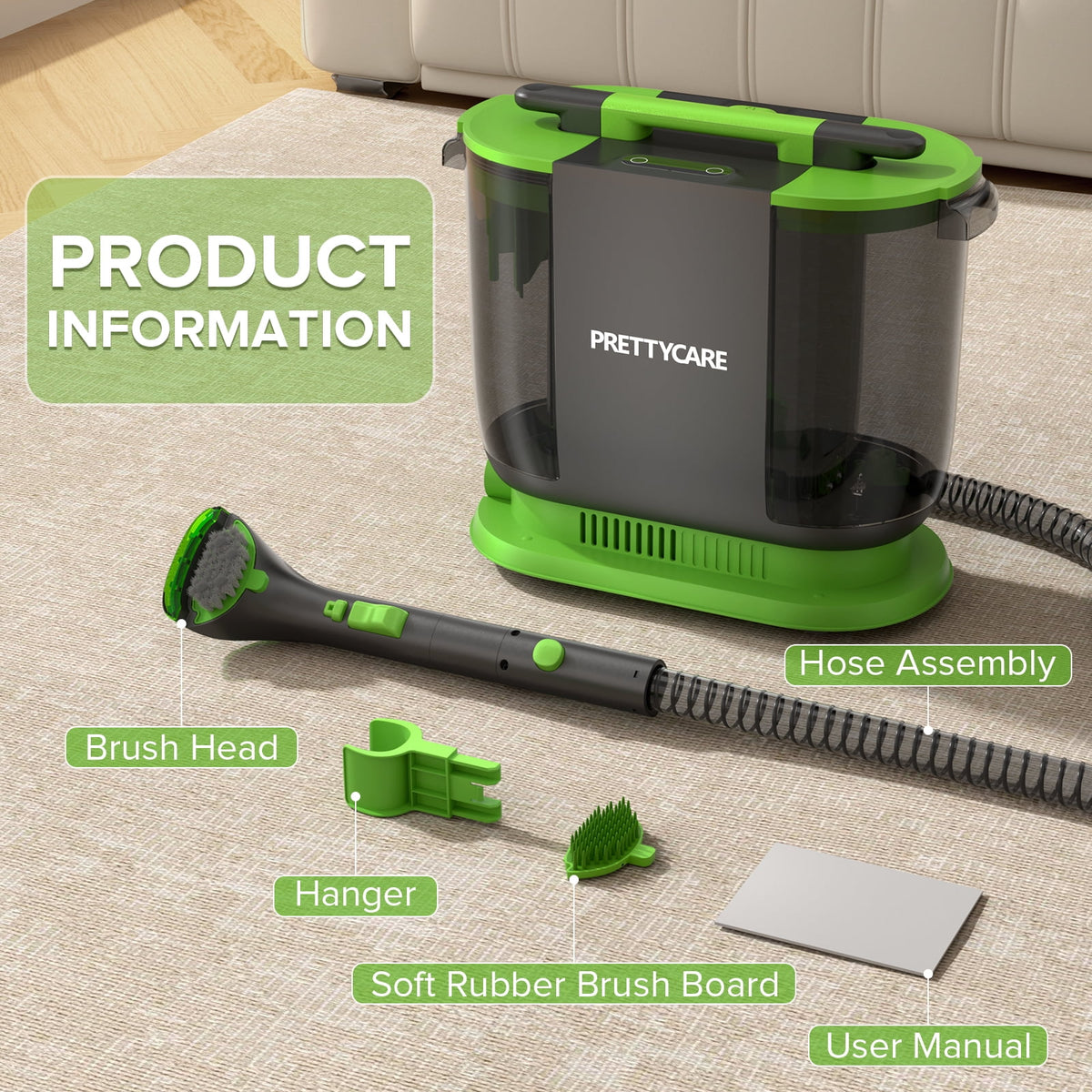 PrettyCare Portable Carpet Shampooer,Upholstery Cleaner,14Kpa Strong Suction Carpet Cleaner Machine,500W Powerful Motor