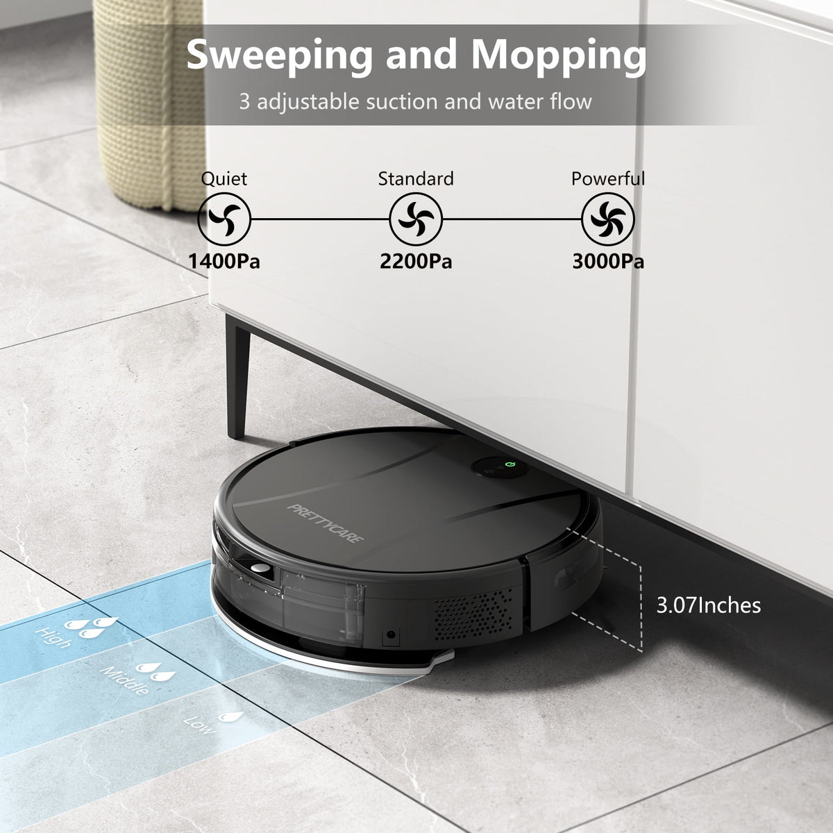 Prettycare C2 2 in 1 Robot Vacuum and Mop Combo Cleaner, Black