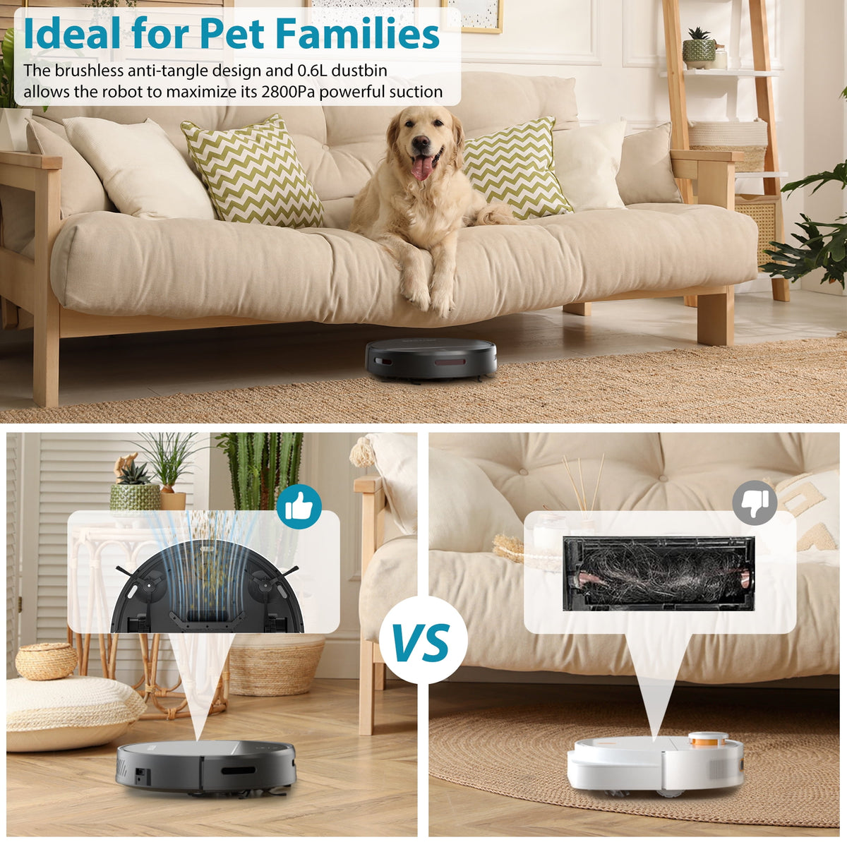 PrettyCare Robot Vacuum Cleaner with 2800Pa,Featured Carpet Boost,Tangle-Free,Ultra Slim,Self-Charging C1