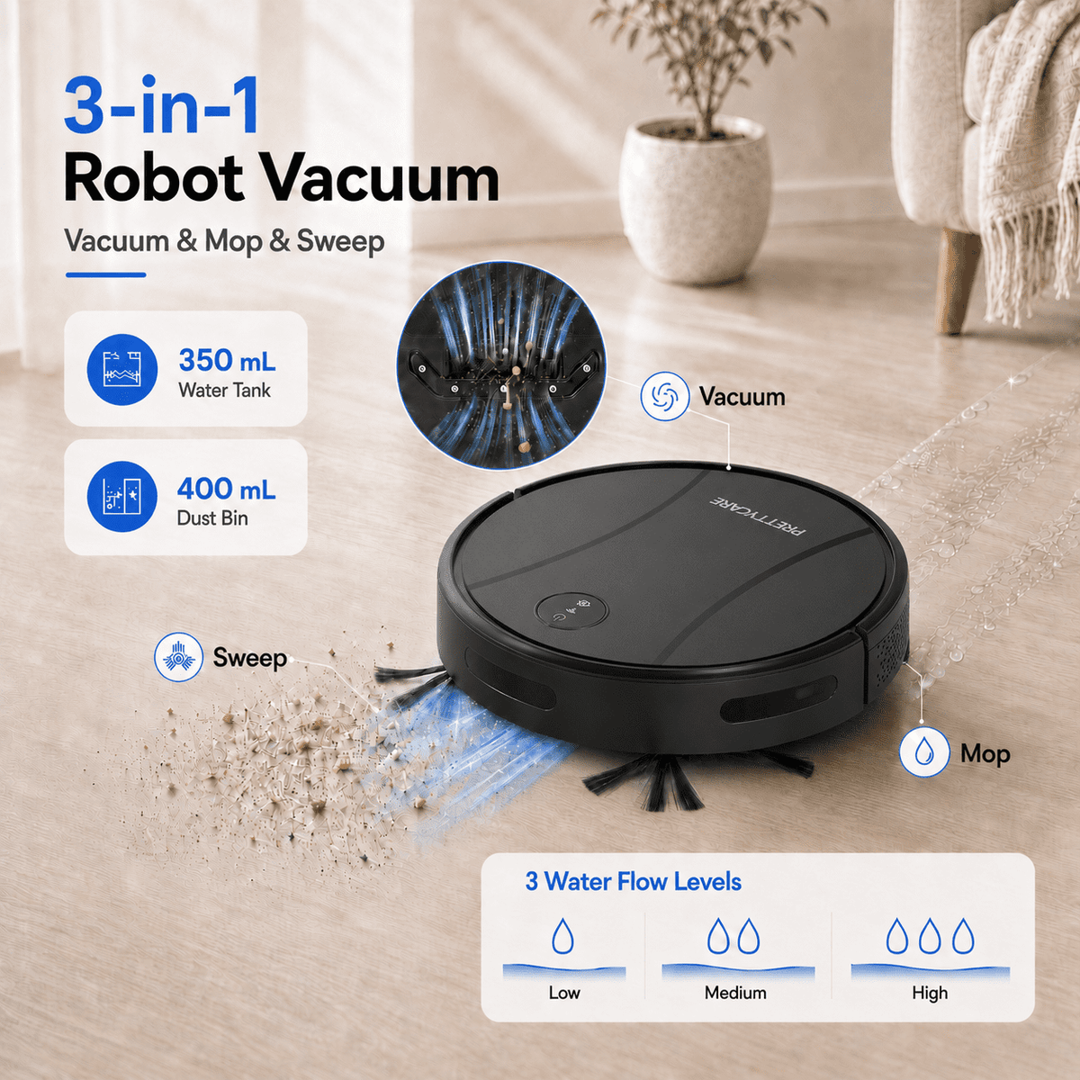 PrettyCare C2-v2 Robot Vacuum and Mop Combo Cleaner, 3-in-1, 8000Pa Suction, 5200mAh Battery, Black