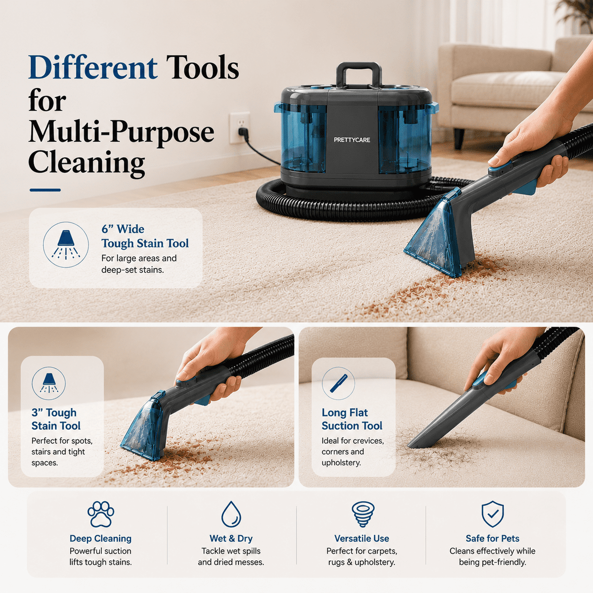 PrettyCare Portable Carpet Cleaner Machine, 20Kpa Carpet Shampooer for Deep Cleaning, Upholstery & Pet Stain Remover,BY32A