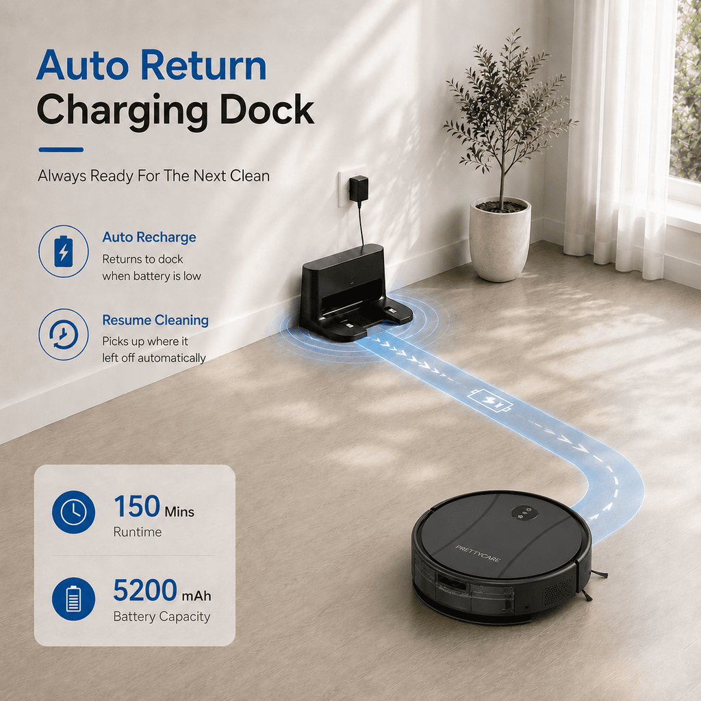 PrettyCare C2-v2 Robot Vacuum and Mop Combo Cleaner, 3-in-1, 8000Pa Suction, 5200mAh Battery, Black
