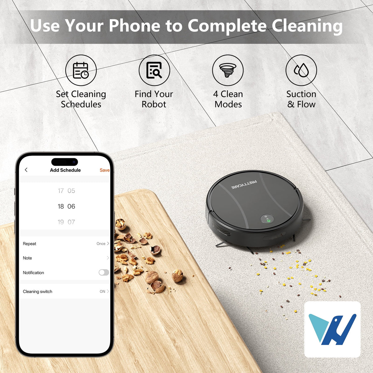 Prettycare C2 2 in 1 Robot Vacuum and Mop Combo Cleaner, Black