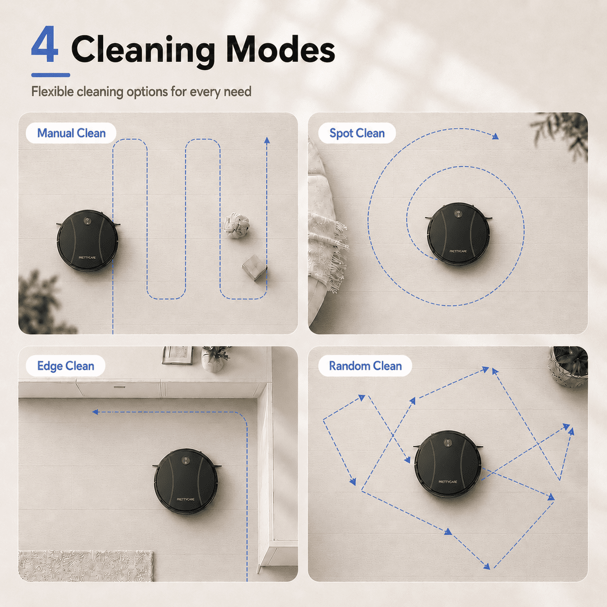 PrettyCare C2-v2 Robot Vacuum and Mop Combo Cleaner, 3-in-1, 8000Pa Suction, 5200mAh Battery, Black