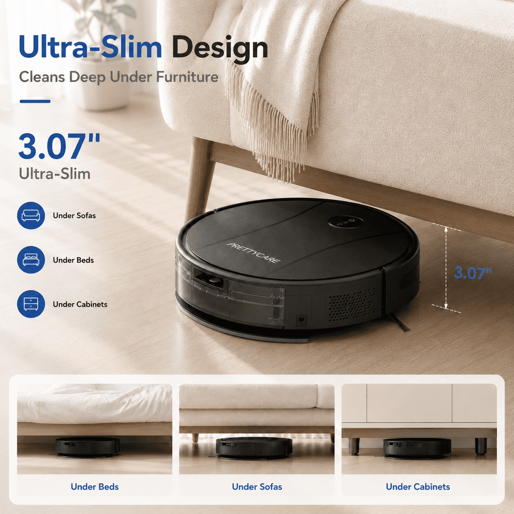 PrettyCare C2-v2 Robot Vacuum and Mop Combo Cleaner, 3-in-1, 8000Pa Suction, 5200mAh Battery, Black