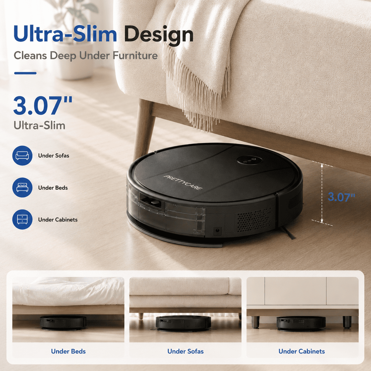 PrettyCare C2-v2 Robot Vacuum and Mop Combo Cleaner, 3-in-1, 8000Pa Suction, 5200mAh Battery, Black